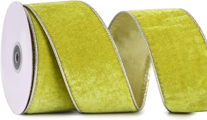 Lime Green Velvet Ribbon Wired 2.5" x 10 Yards Christmas Ribbon With Gold Back for Wreaths, Tree ... | Amazon (US)