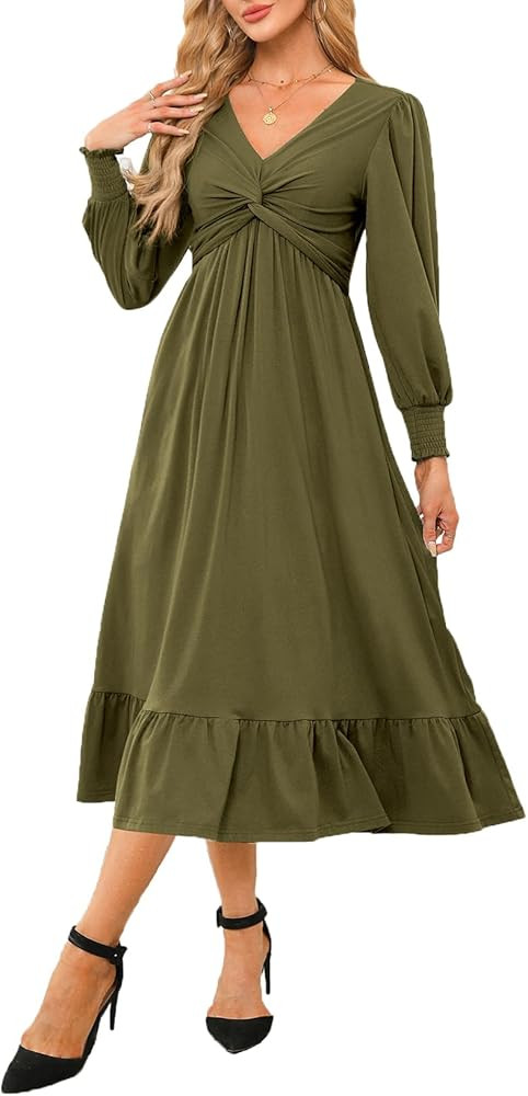 Dokotoo Womens 2024 Wrap V-Neck Twist Knot Long Sleeve Empire Waist Midi Maxi Dress A-Line Ruched... | Amazon (US)