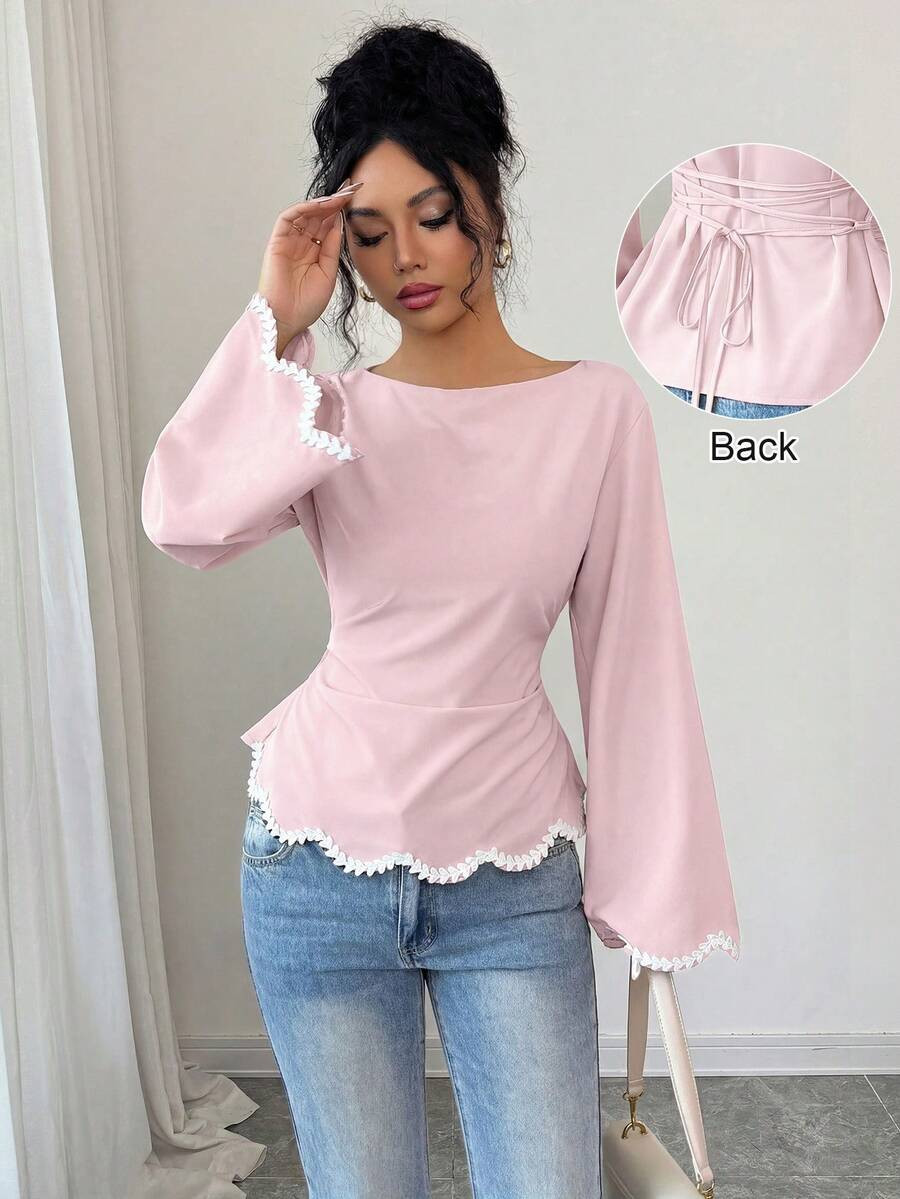 Elenzga 1pc Women's Spring/Summer Wavy Heart Woven Trim Ruched Waist Blouse | SHEIN