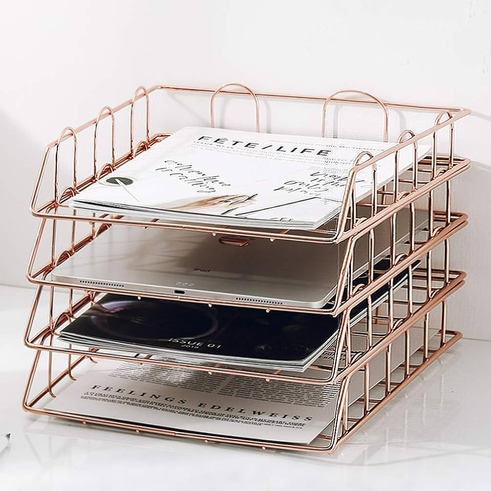 Jolitac Rose Gold 4-Tier Stackable Paper Tray Desk Organizer, Workspace Decorative Stacking Rack ... | Amazon (US)