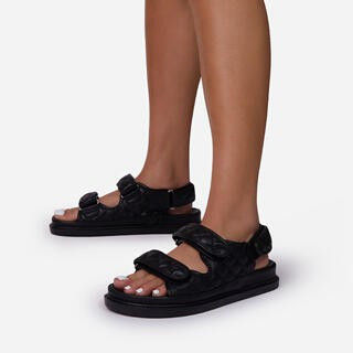 Hyped Quilted Double Strap Flat Dad Sandal In Black Faux Leather | EGO Shoes (US & Canada)