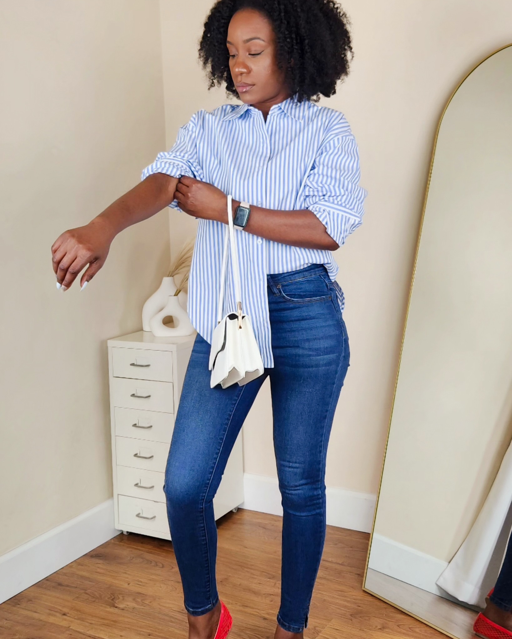 Classic striped shirt outfit styled with blue jeans and bold red flats for an easy, polished everyday look. Perfect if you want a simple outfit that still stands out—comfortable, chic, and effortless. This is a go-to casual outfit idea you can wear on repeat. #dresstoexpress
@Express 

#LTKootd #LTKgrwm #LTKSaleAlert