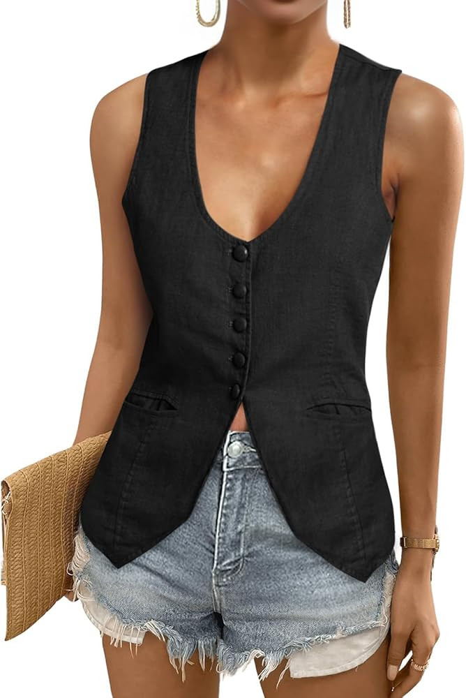 Tankaneo Womens Scoop Neck Blazer Vest Summer Linen Sleeveless Fitted Waistcoat Work Casual Cotto... | Amazon (US)