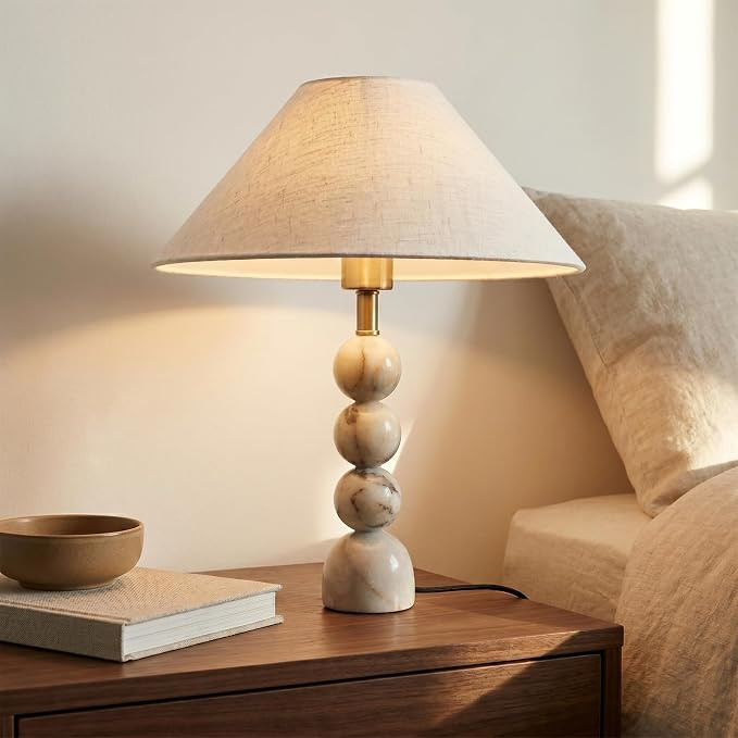 Calacatta Marble Table Lamp with Pleated Linen Shade,20in Stone Lamp | Solid Stacked-Sphere Marbl... | Amazon (US)