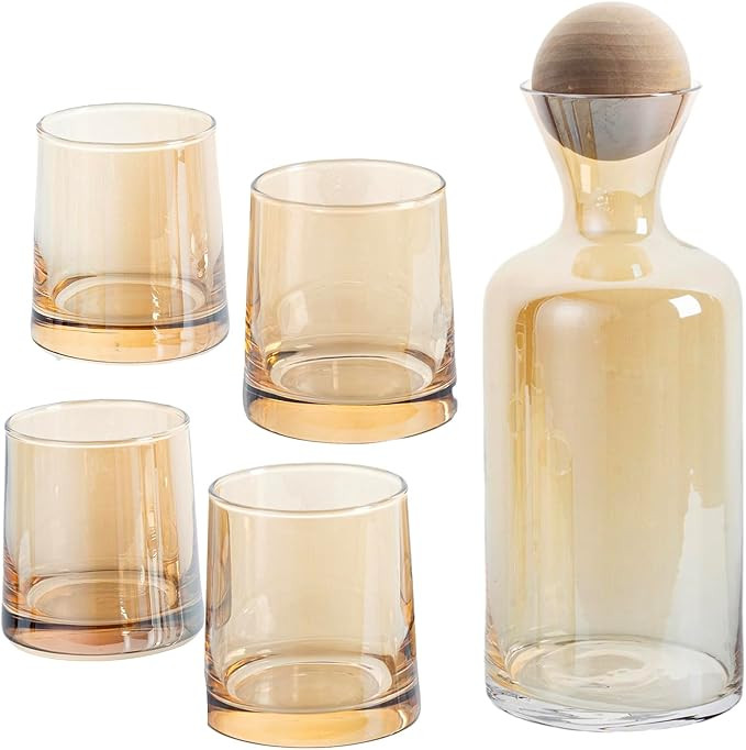 MyGift Mid-Century Style Amber Drinking Glasses and Water Carafe with Lid Beverage Set, Vintage O... | Amazon (US)