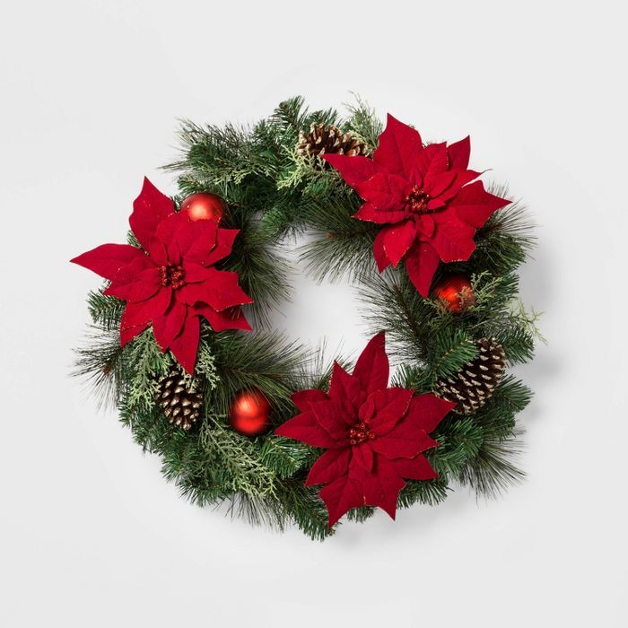 28in Christmas Red Poinsettia with Ornaments Artificial Pine Wreath - Wondershop™ | Target