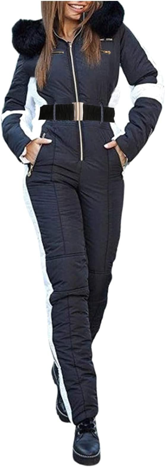 Women Snow Suits One Piece Winter onesie Ski Suit Hood Fur Collar Jumpsuit Outdoor Sports Waterpr... | Amazon (US)