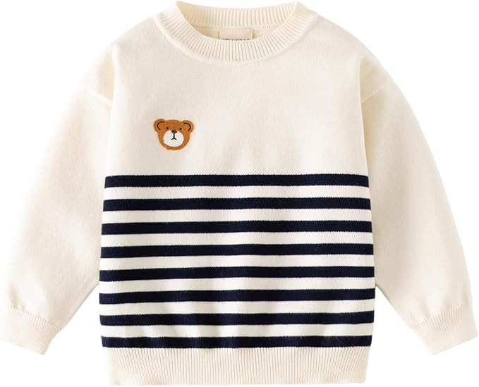 Baby Boys Knit Sweater Round Collar Striped Sweatshirt Cotton Pullover Sweater | Amazon (US)