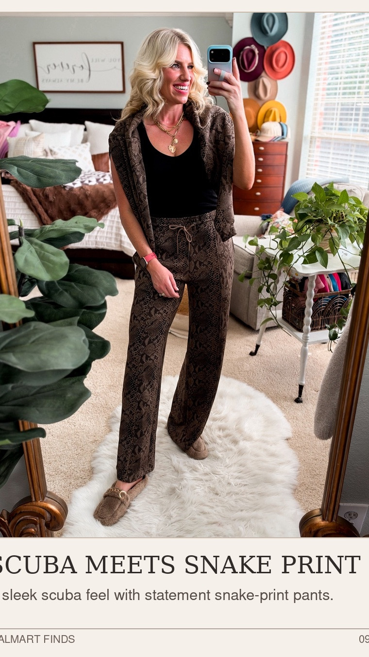 These @Walmart snake-print scuba pants are such a fun way to change up a comfy outfit 🐍 I kept it simple with a black built in bra tank and draped the matching top over my shoulders. Wear them separately or go all in on the matching look
Wearing a small and fit tts 
Comes in solids

#LTKootd #LTKOver40 #LTKTravel