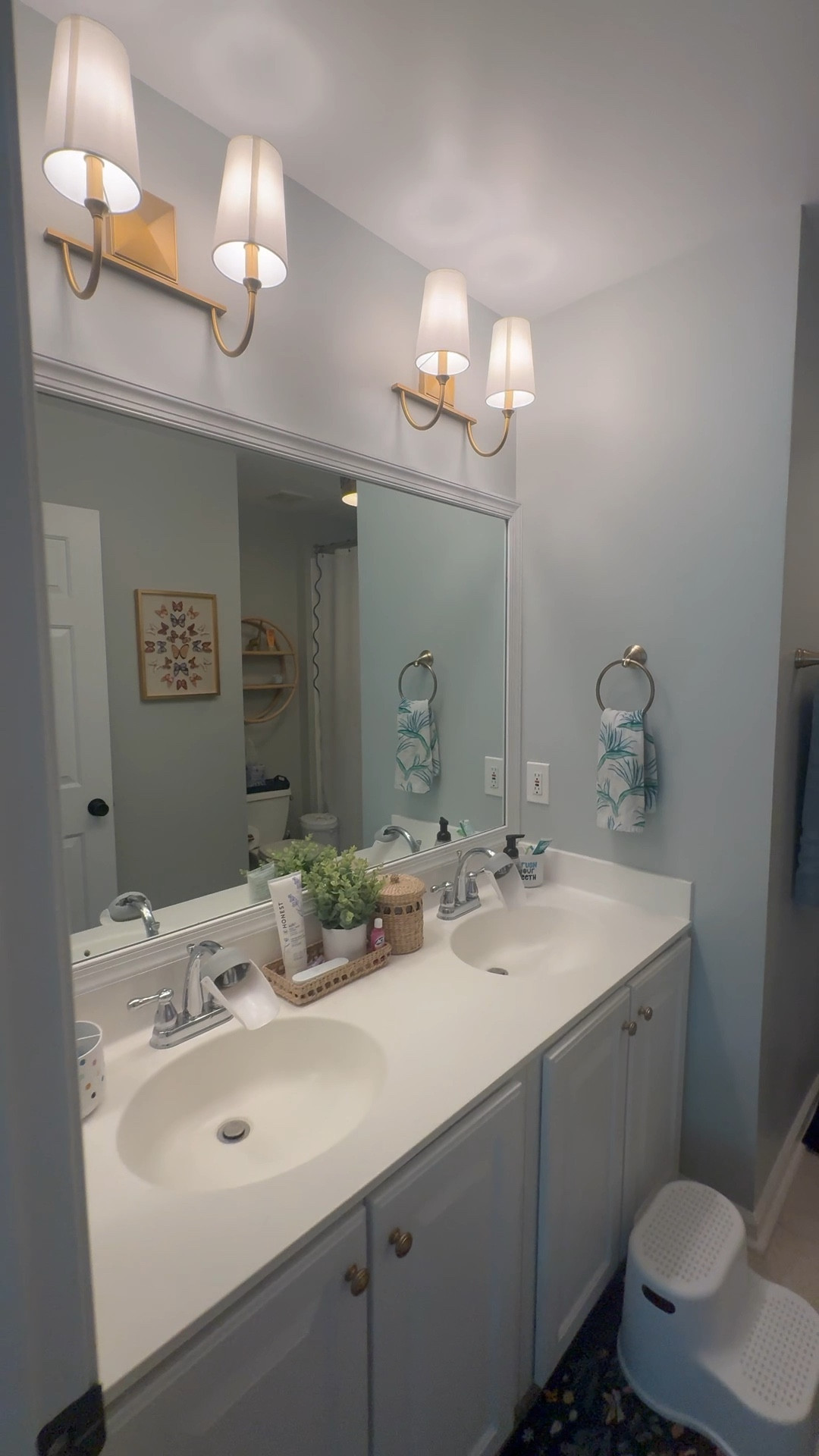 Updating our 90's shared bathroom for our kids! We plan to redo the flooring, remove the big mirror and put in 2 medicine cabinet mirrors and replace the counter top with quartz. This was just a little spruce up! 

#LTKKids #LTKFamily #LTKHome