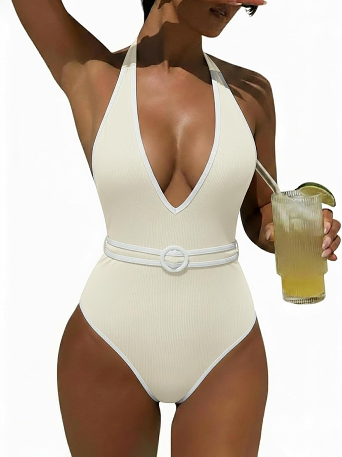 Women's One Piece Swimsuits Tummy Control Deep V Neck Bathing Suit Backless Color Block Swim Suit Halter Swimwear | Amazon (US)