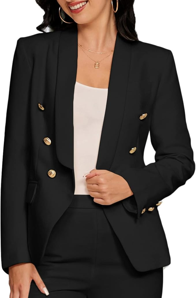 JASAMBAC Women's Double Breasted Blazers Lapel Collar Open Front Long Sleeve Business Work Casual... | Amazon (US)