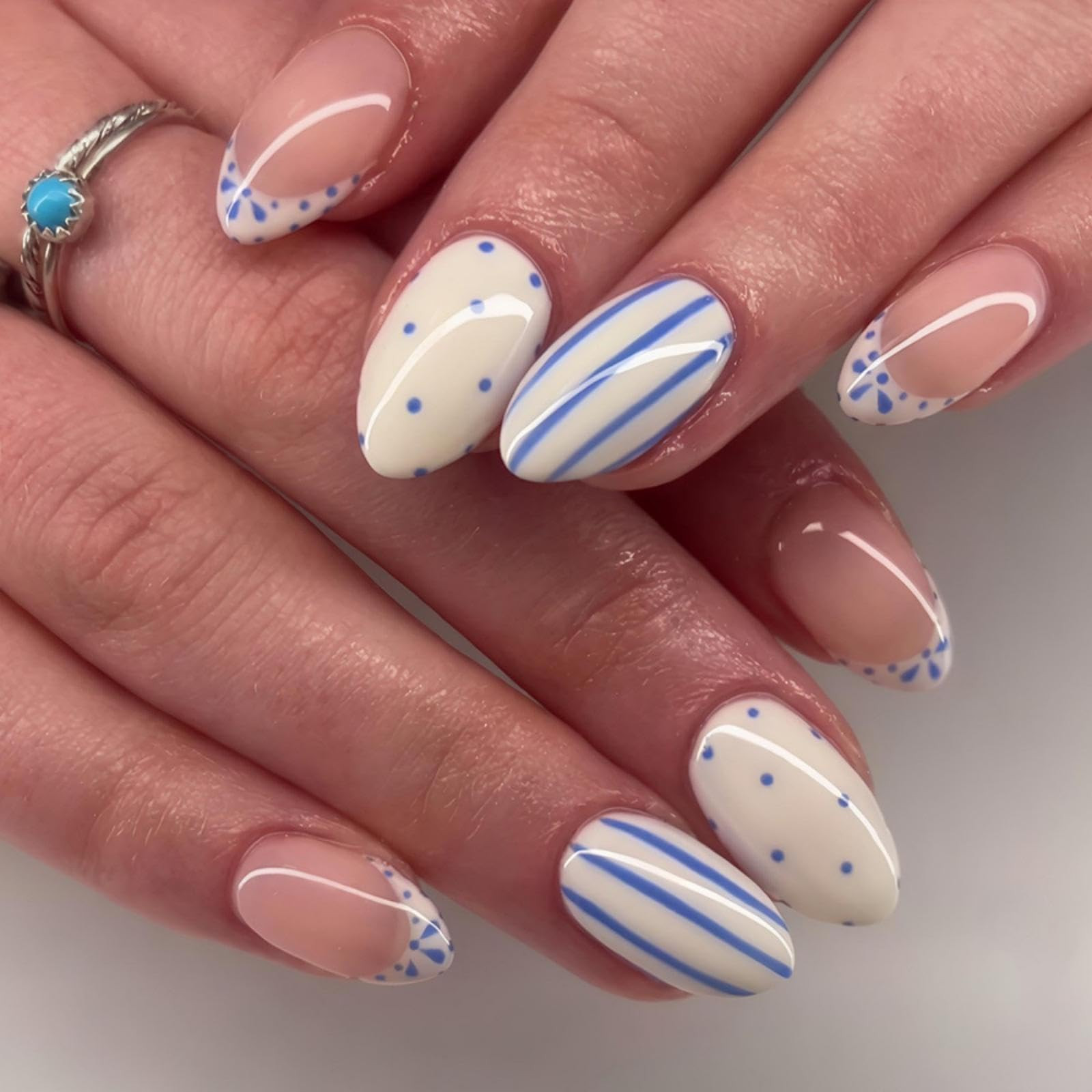 Blue White Press on Nails Stripe Fake Nails French Tip Glue on Nails with Point Design Short Almo... | Amazon (US)