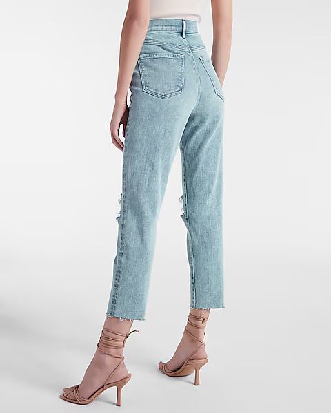 Super High Waisted Ripped Raw Hem Mom Jeans | Express