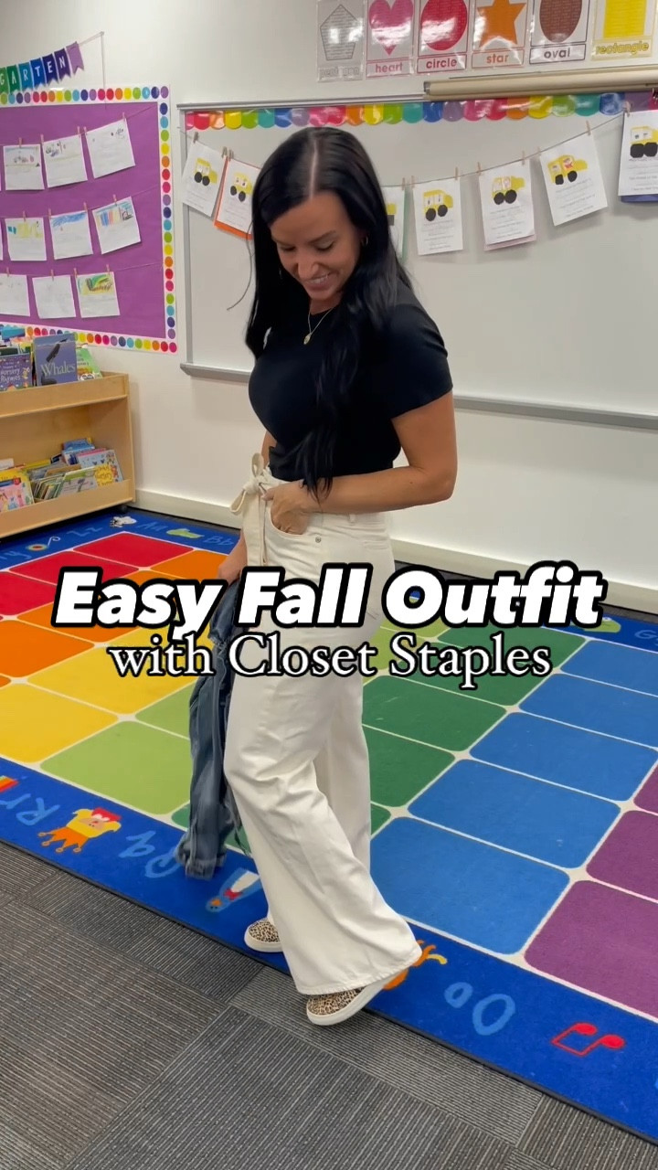 Easy fall outfit with closet staples: black shirt, denim jacket, leopard slip on sneakers! I love these cream colored lightweight palazzo jeans— the tie is cute but also removable. I’m in my normal size 4/27.  (I’m 5’5” for reference.)

#LTKSeasonal #LTKSaleAlert #LTKFindsUnder50