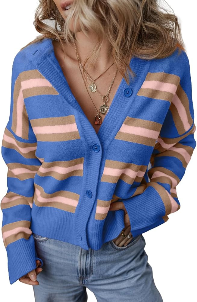 EVALESS Womens Cropped Striped Chunky Knit Cardigans Sweaters Trendy Long Sleeve Lightweight Open... | Amazon (US)