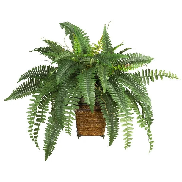 Nearly Natural 28" Artificial Silk Boston Fern Plant with Wicker Basket | Walmart (US)