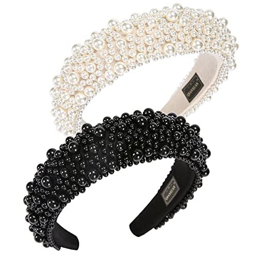 QIANXUAN Fashion Headbands For Women's Hair White Pearl Headbands For Girls Black Padded Headband Rh | Amazon (US)