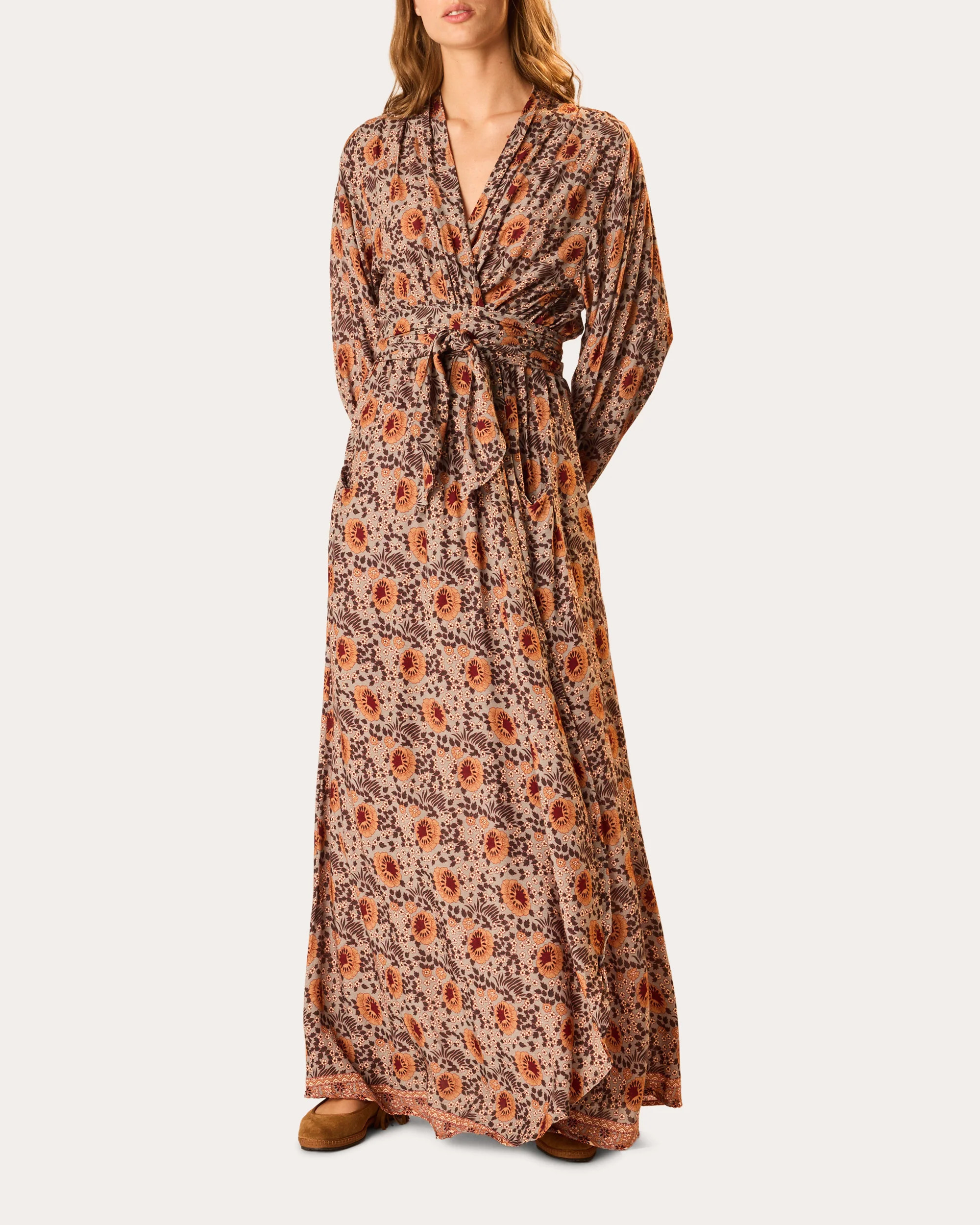 Natalie Martin Women's Nico Floral Belted Long-Sleeve Maxi Dress Rayon | Olivela