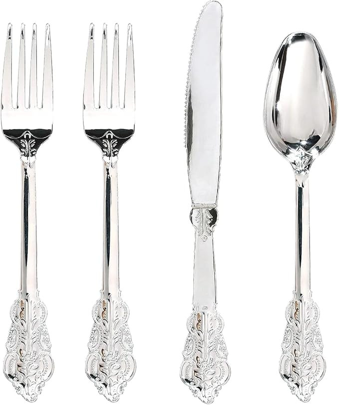 200 Pieces Silver Plastic Silverware Disposable - 50Guests Silverware Plastic Cutlery - Disposabl... | Amazon (US)