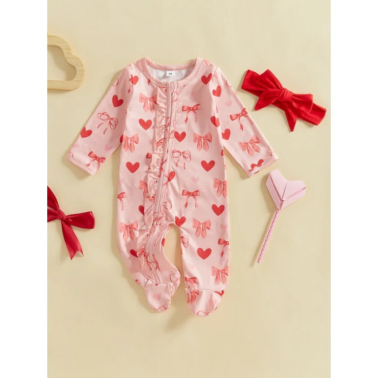 ZINTAOZT Baby Girl Valentine's Day Outfit Heart One Piece Footie Romper Long Sleeve Ruffle Zipper... | Walmart (US)