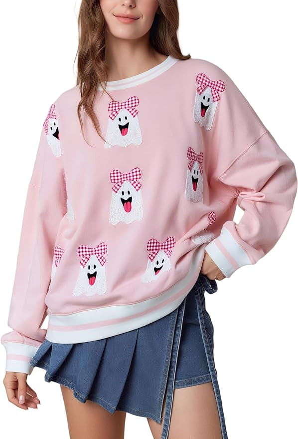 Halloween Sweatshirts for Women 2025 Spooky Ghost Long Sleeve Sweaters Vintage Pumpkin Yarn Graph... | Amazon (US)