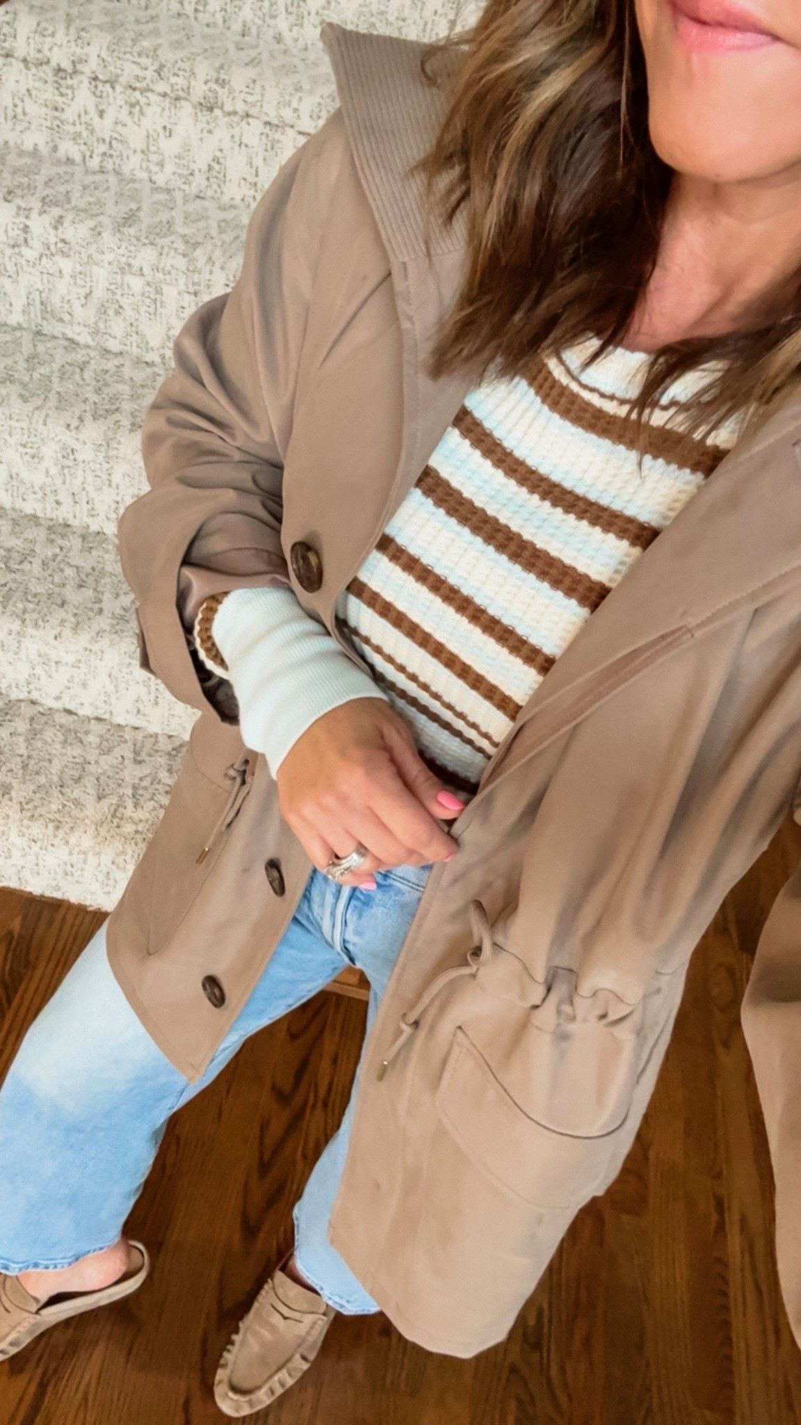 Rainy day outfit for errands. 
Nail color: DND Diva 141 classical pink 💕
XS long sleeve 
XS jacket
Jeans tts, 25 regular 
Loafers tts

#LTKmomlife #LTKootd #LTKSeasonal