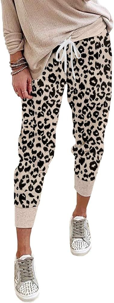 Amazon.com: onlypuff White Leopard Print Pants Women Casual Drawstring Elastic Waist Lounge Pant ... | Amazon (US)