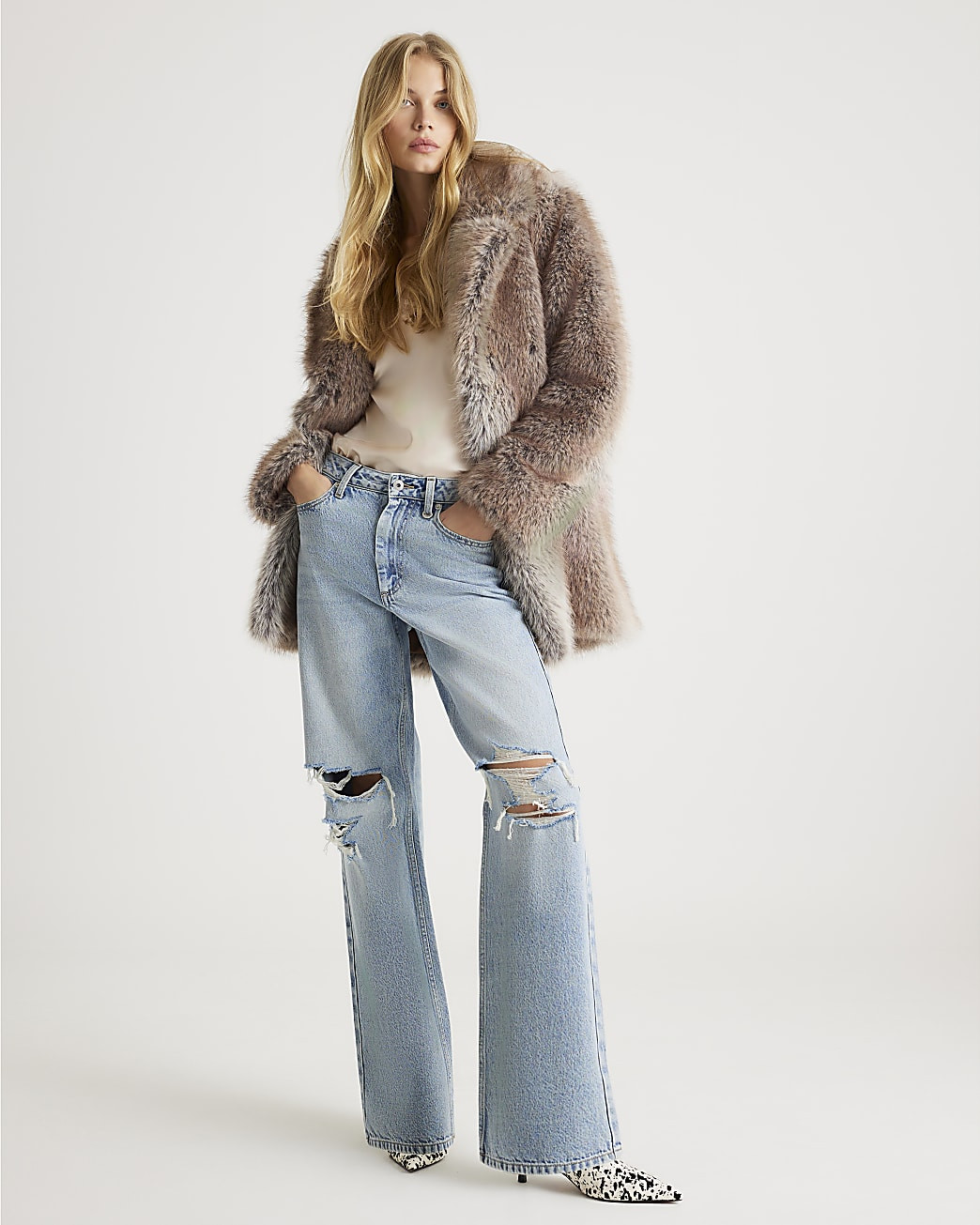 Brown Mid Length Faux Fur Coat | River Island UK & IE