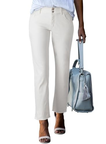 Sidefeel Women's White Jeans High Waisted Raw Hem Straight Legs Denim Pants Size 8 White | Amazon (US)