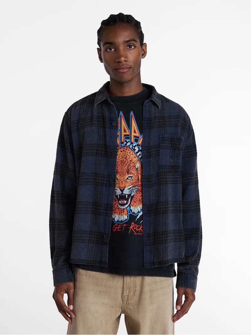No Boundaries Boxy Fit Grunge Flannel Shirt with Long Sleeves, Men's XS-4XLT | Walmart (US)