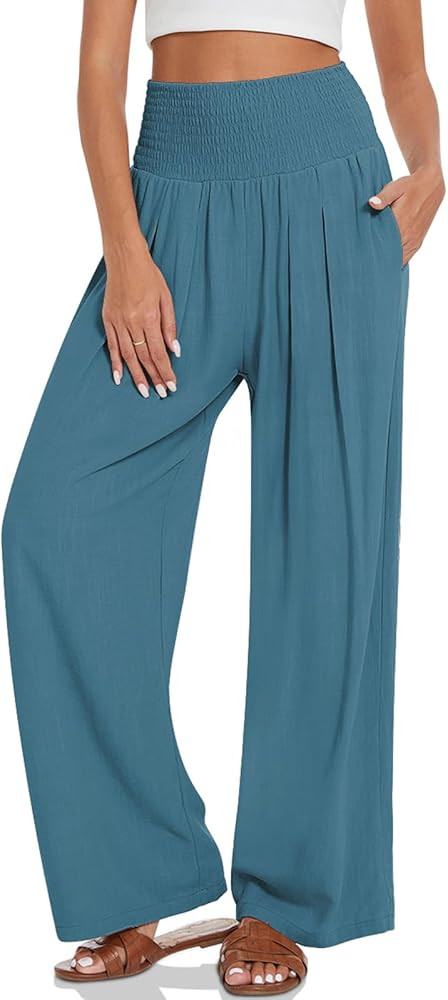 UEU Women's Linen Palazzo Pants Wide Leg High Waisted Lounge Casual Beach Pants with Pockets | Amazon (US)
