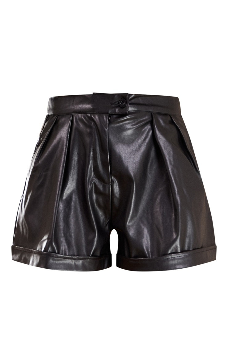 Black Faux Leather Pleat Detail Shorts | PrettyLittleThing US