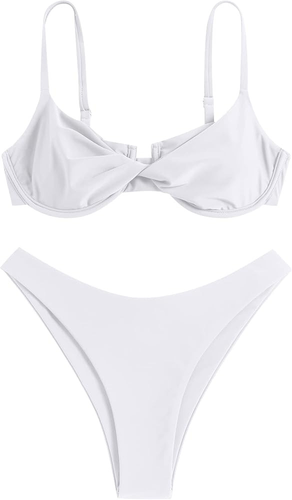ZAFUL Women's Twist Front Bikini Sets Underwire Tie Back Bikini High Waisted Two Piece Swimsuit | Amazon (US)