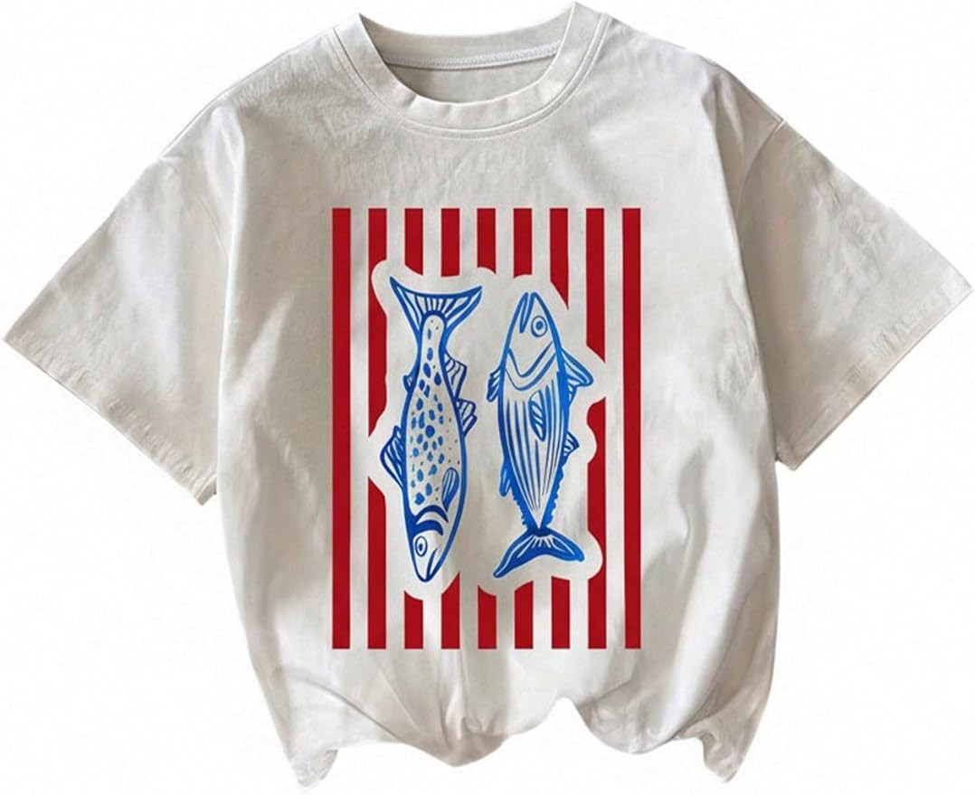 SweatyRocks Women's Striped Print Crew Neck T Shirts Casual Fish Graphic Short Sleeve Summer Tees | Amazon (US)