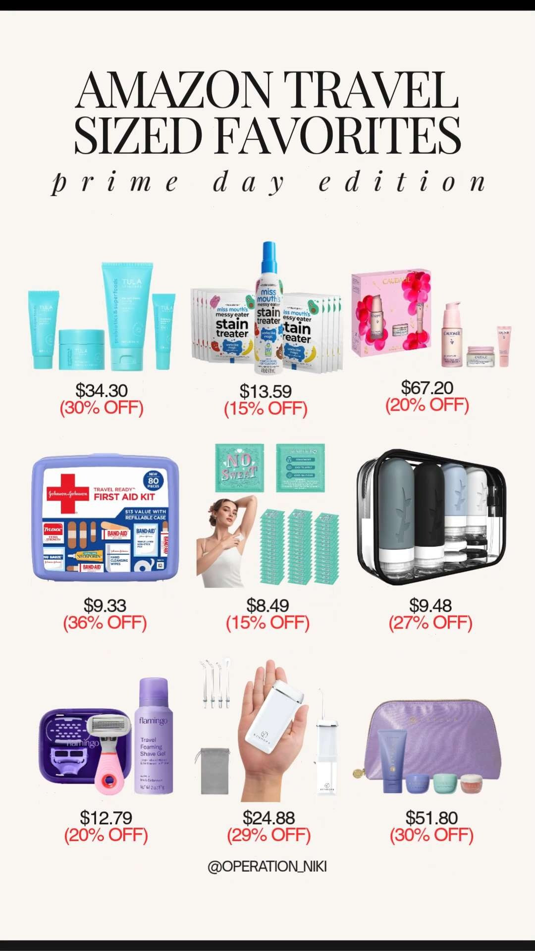 The wait is officially over because Amazon Prime Day deals are officially live! 🛍️ Whether you are prepping for a quick weekend getaway or packing for a long vacation, having your favorite products in compact, TSA-approved sizes makes traveling entirely smooth and stress-free. ✨

This special lineup features some of the absolute best travel-sized items on a major discount. From premium skincare kits like Tula, Caudalie, and Tatcha to functional travel bottles, portable water flossers, stain treaters, and compact first aid kits, these top-tier finds are perfect for staying organized on the go. These exclusive savings will not last long, so make sure to check out the links below and score these incredible Prime Day deals before they sell out! 🌟

Shop the entire travel selection linked below! 🛒

Follow for more @OPERATION_NIKI on IG, TikTok, & Facebook

#AmazonFinds #PrimeDay #TravelEssentials #OperationNiki #PrimeDayDeals #TravelSized #AmazonTravel #PackingTips #OrganizedTravel #ShoppingHaul 

 #LTKSaleAlert #LTKBeauty #LTKTravel