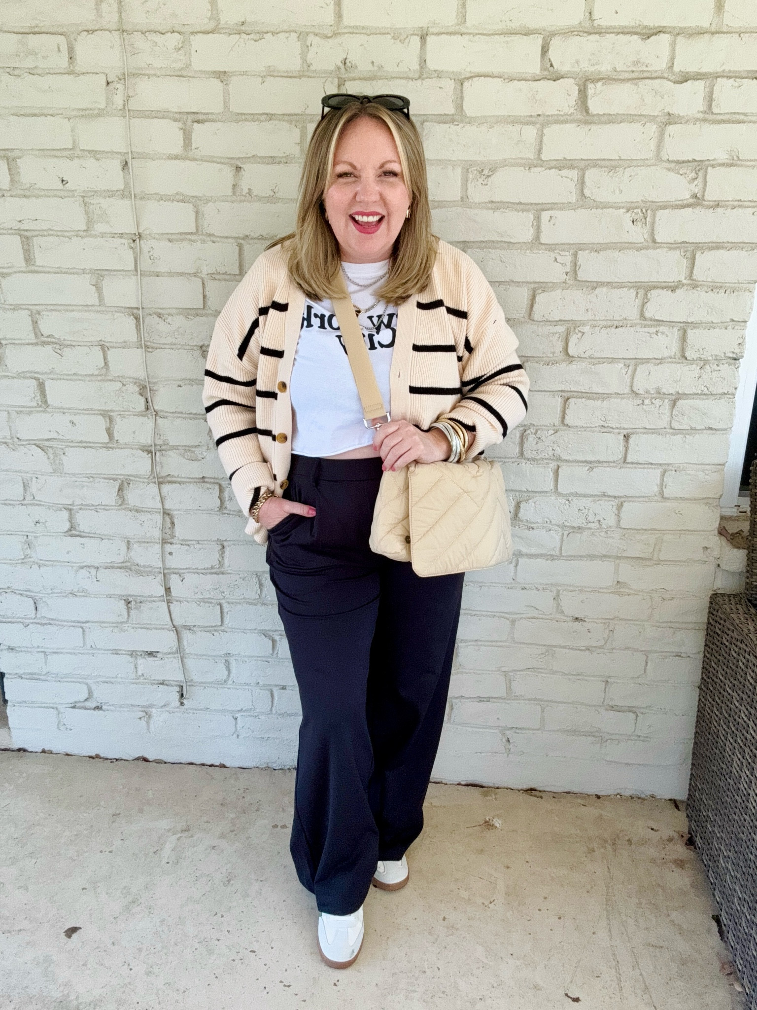 Medium cardigan, large pants, similar tees linked (I cropped)

#LTKfindsunder50 #LTKmidsize #LTKstyletip