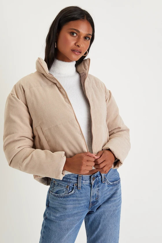 Cloud Nine Cutie Beige Cropped Corduroy Puffer Jacket | Lulus