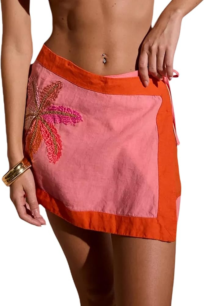 Huaqiao Women's Embroidered Wrap Mini Skirt Summer Cotton Linen Tie Side High Waist A Line Beach ... | Amazon (US)