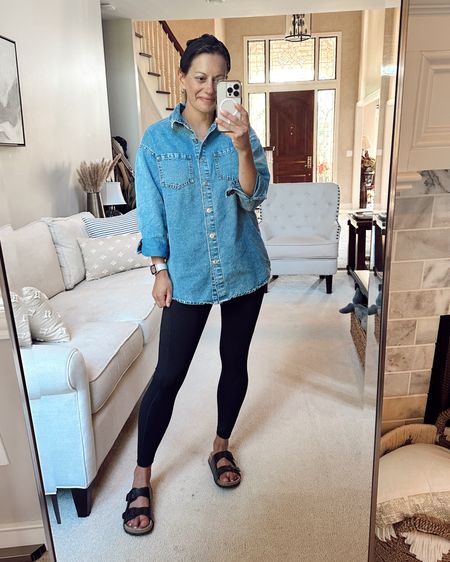 Casual amazon outfit idea with black leggings and a button down denim shirt.  Birkenstock look for less sandals from Amazon! 



#LTKover40 #LTKfindsunder50 #LTKstyletip