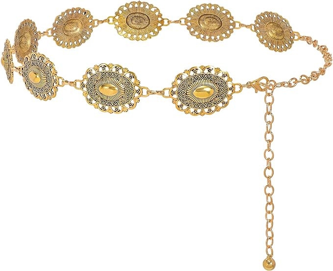 XZQTIVE Women Boho Chain Belts For Dresses Jeans Western Cowgirl Waist Links Belt Adjustable Meta... | Amazon (US)