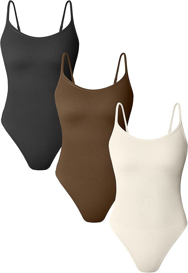 OQQ Women's 3 Piece Bodysuits Sexy Ribbed Adjustable Spaghetti Strip Tops Shapewear Bodysuits | Amazon (US)