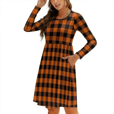Fall Dresses for Women 2024 Halloween Plaid Pumpkin Crewneck Long Sleeve Pullover Womens Casual Dresses with Pockets Fashion Sweatshirts Outfits Dresses for Fall Spring | Walmart (US)