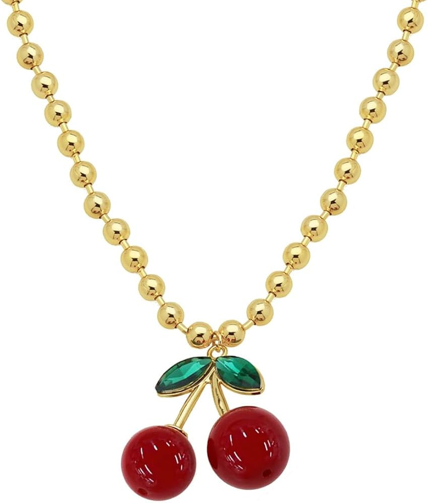 3D Cherry Red Enamel Pendant Necklace for Women Dainty Funny Gold Plated Fruit Green Leaf Round B... | Amazon (US)