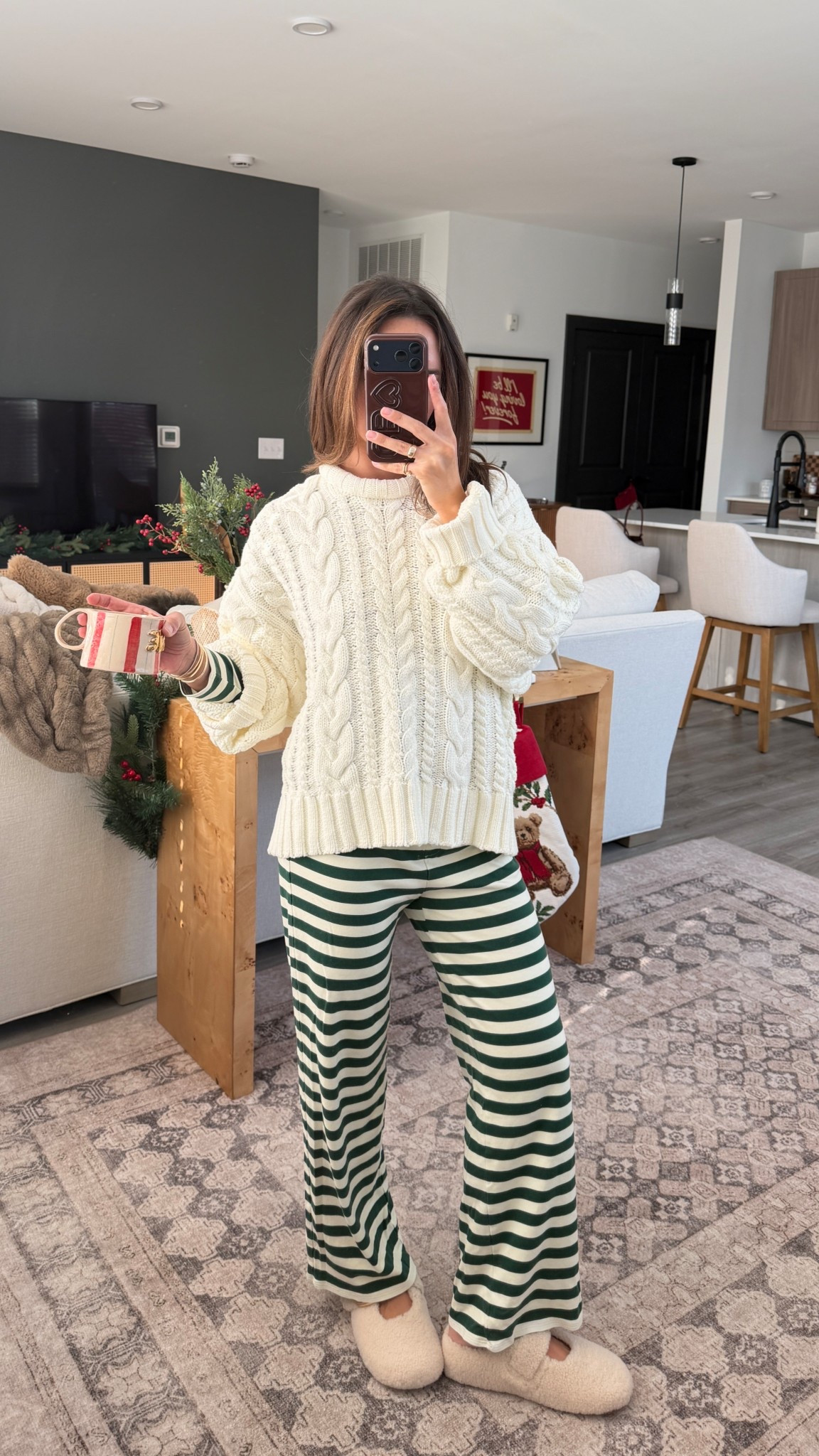 Christmas Eve! Sweater is sold out linked super similar! I wear P/XS in pajamas and shoes are tts!