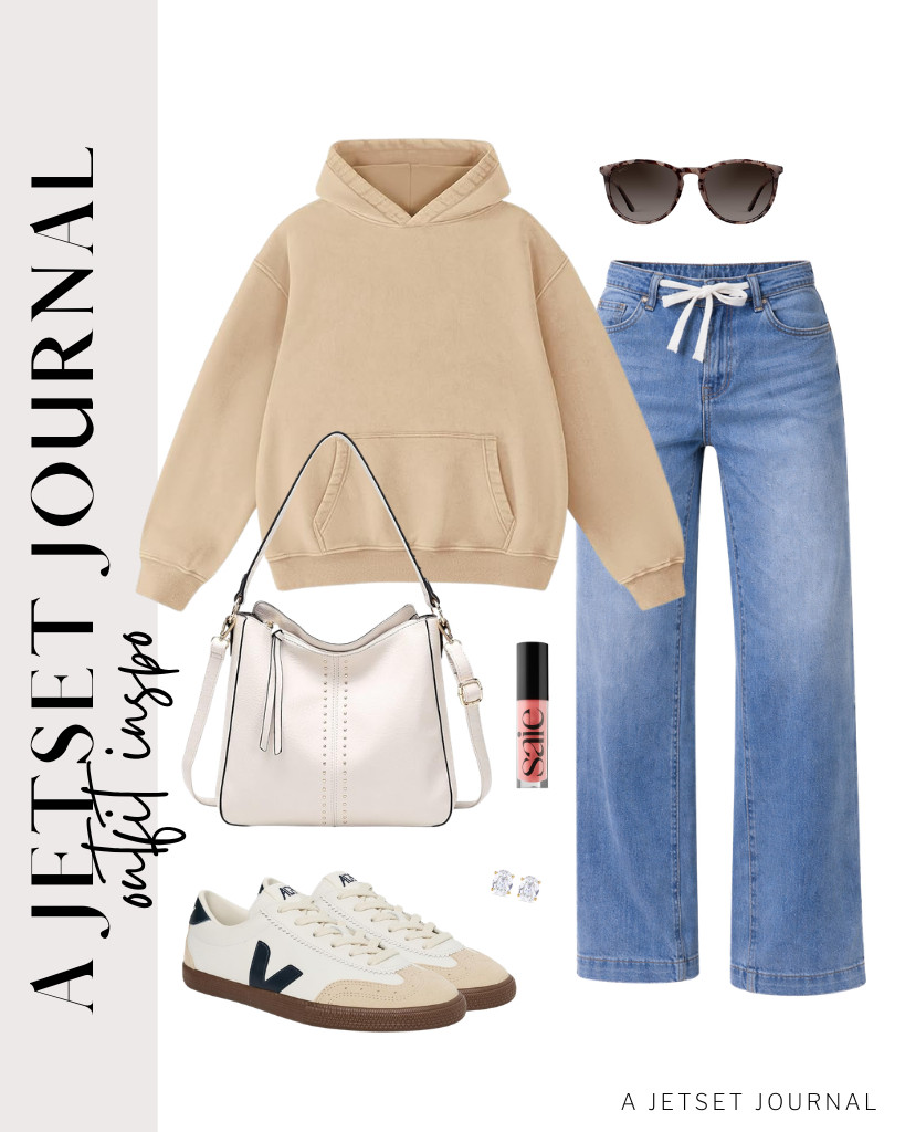 I’m vibing with this beige oversized hoodie so hard! It matches Sidefeel drawstring jeans and volley sneakers from Veja. To style this outfit, pair it with a Montana West bag and polarized sunnies. 

 #LTKSeasonal #LTKSaleAlert #LTKTravel