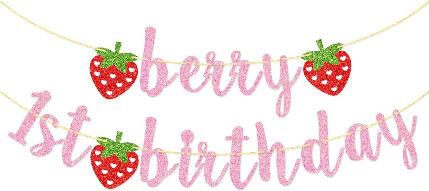 Berry First Birthday Banner, Glitter Strawberry Banner, 1st Birthday Decor (Pink) | Amazon (US)