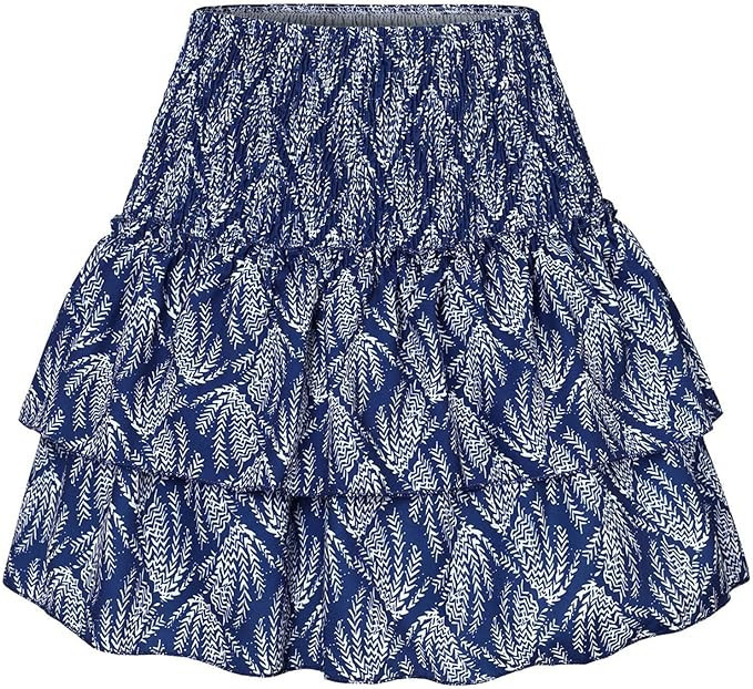 Bufgaceh High Waist Mini Skirt for Women Boho Printed Stretch Smocked Tiered Short Skirts Casual ... | Amazon (US)