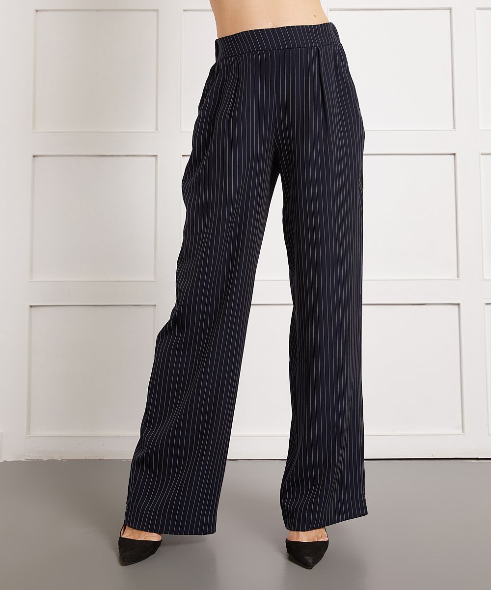 Suzanne Betro Women's Dress Pants 101NAVY/WHITE - Navy & White Pinstripe High-Waist Wide-Leg Pants - | Zulily