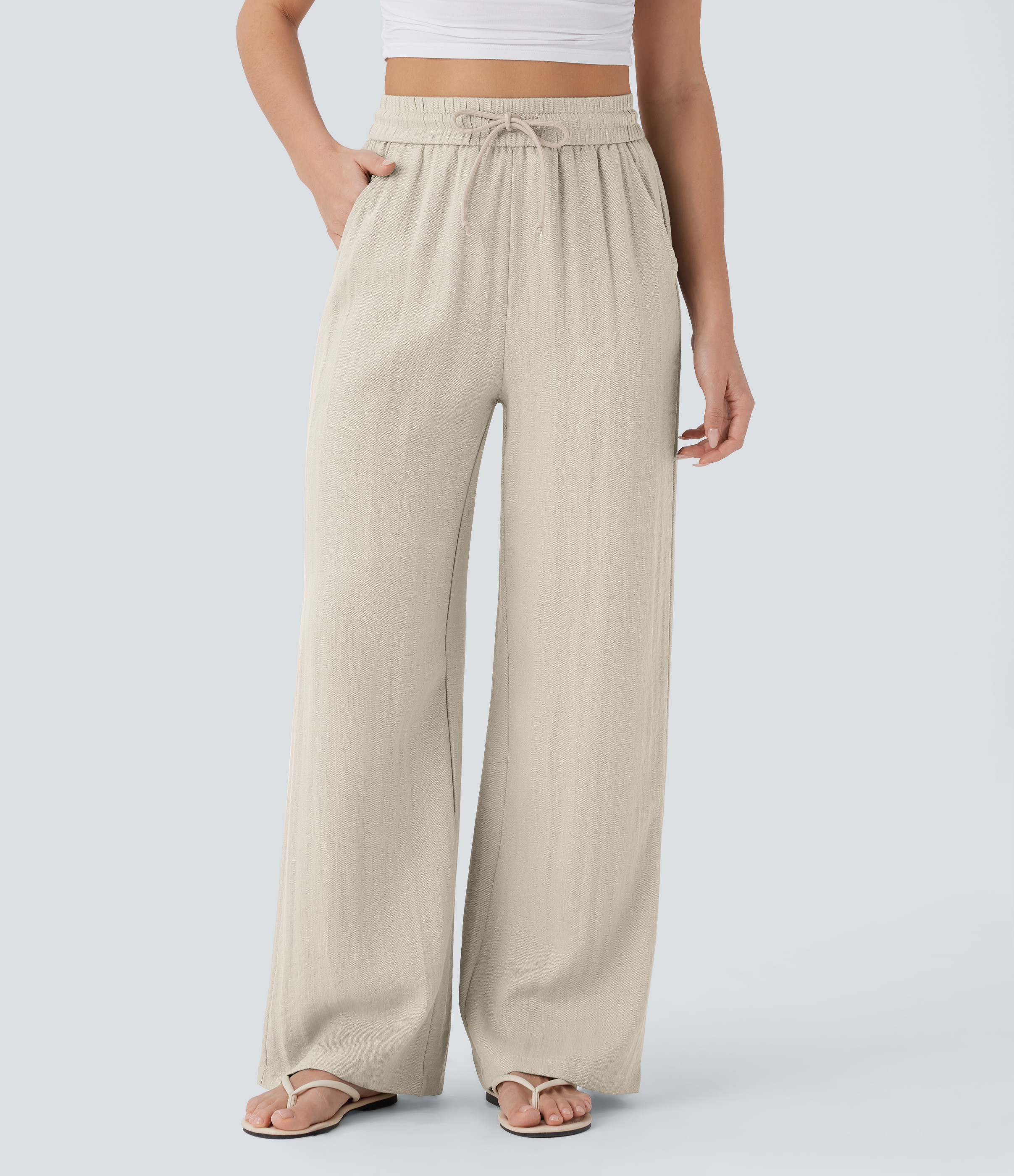 Halara High Waisted Drawstring Pocket Wide Leg Casual Linen-Feel Pants - Whisper White - M(petite) sweatpants jogger pants | HALARA